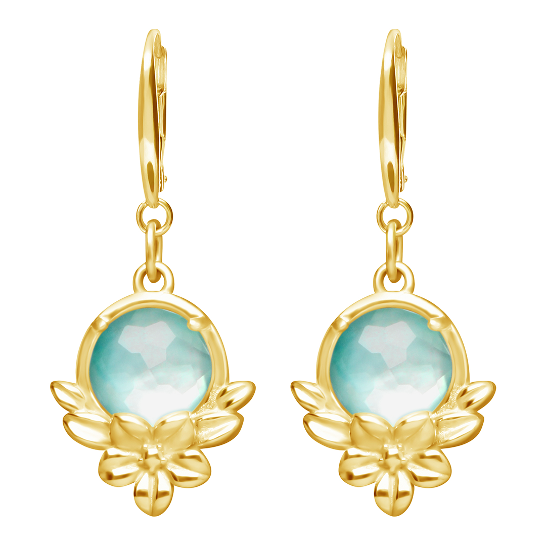 Aretes Plata 925 Mensaje Amor Flor Hojas Madreperla Verde Dorados