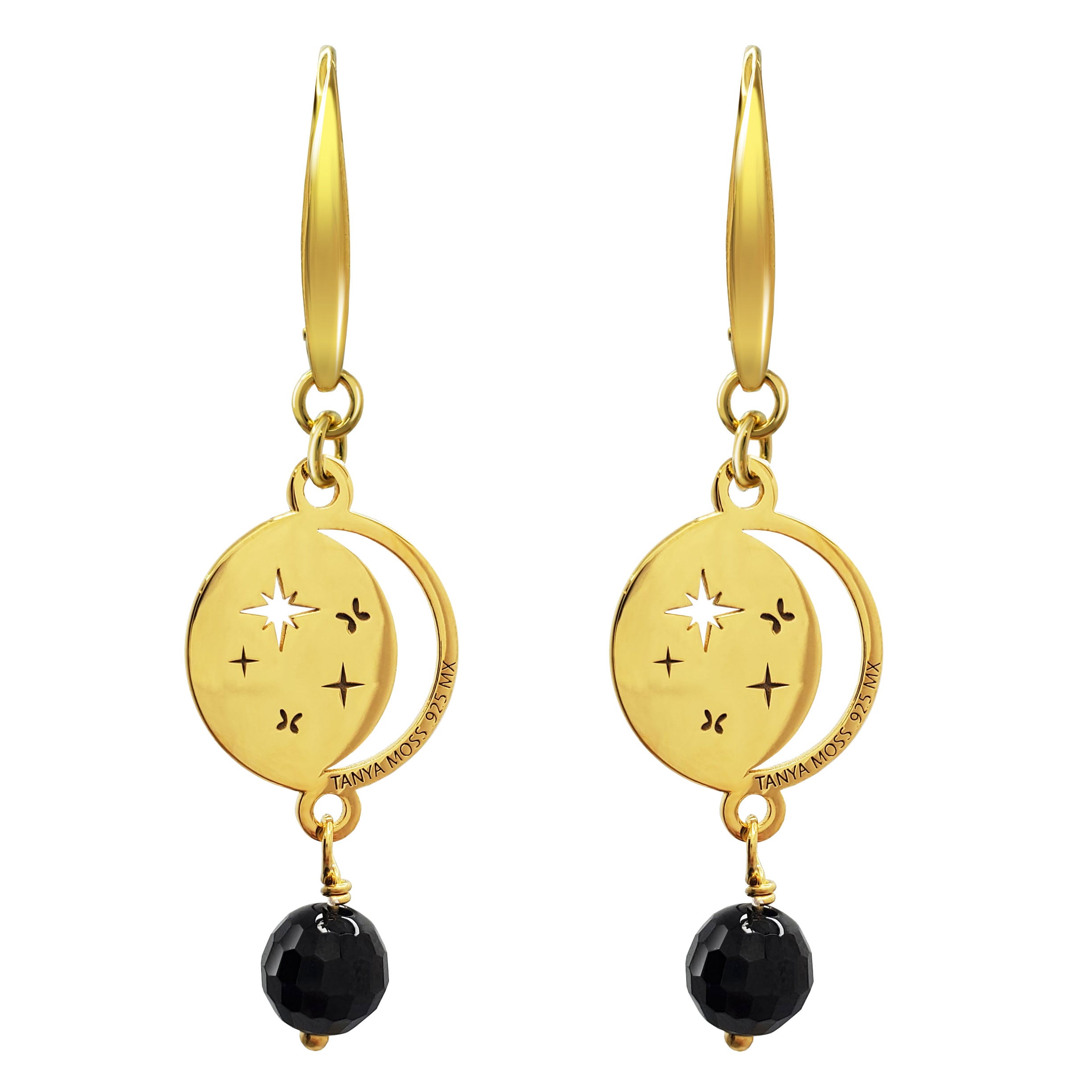 Aretes Plata 925 Magia Luna Cosmos Agata Negra Dorados - Tanya Moss