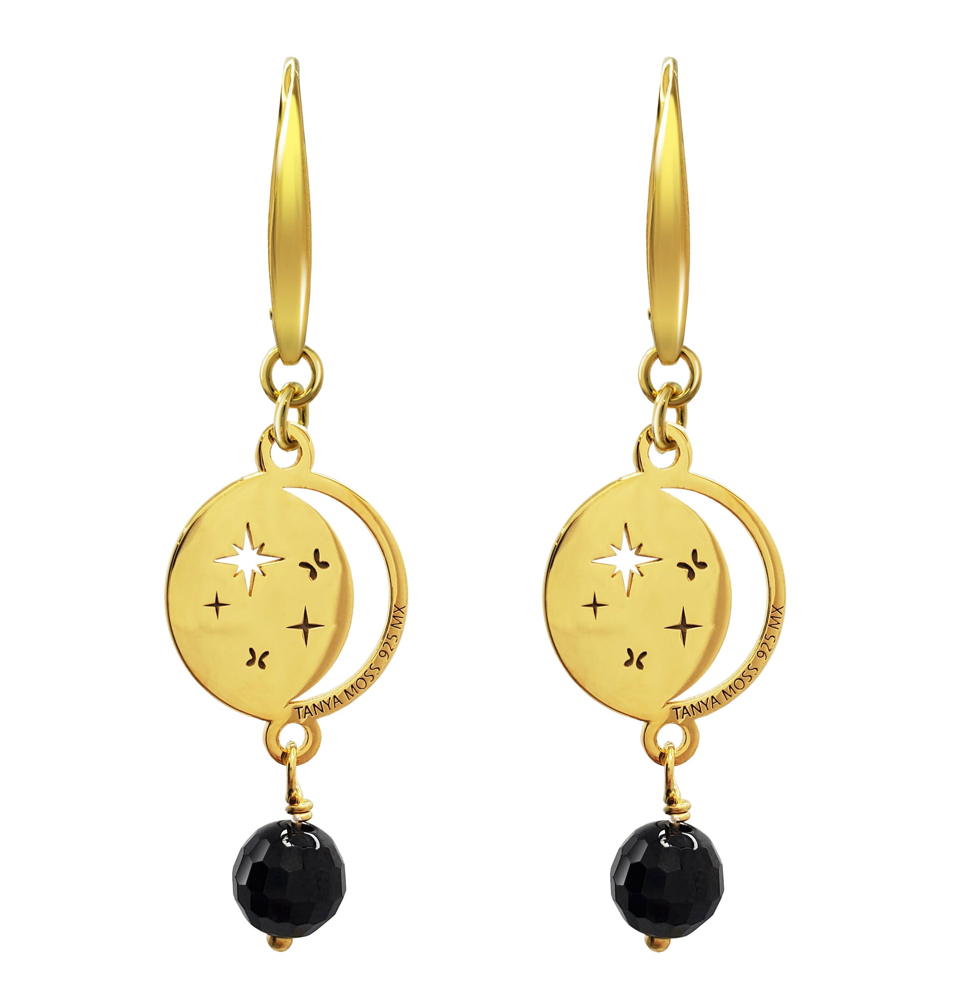Aretes Plata 925 Magia Luna Cosmos Agata Negra Dorados - Tanya Moss