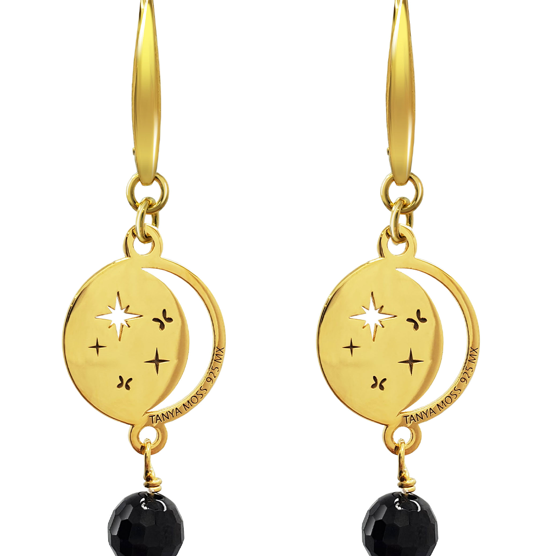 Aretes Plata 925 Magia Luna Cosmos Agata Negra Baño de Oro