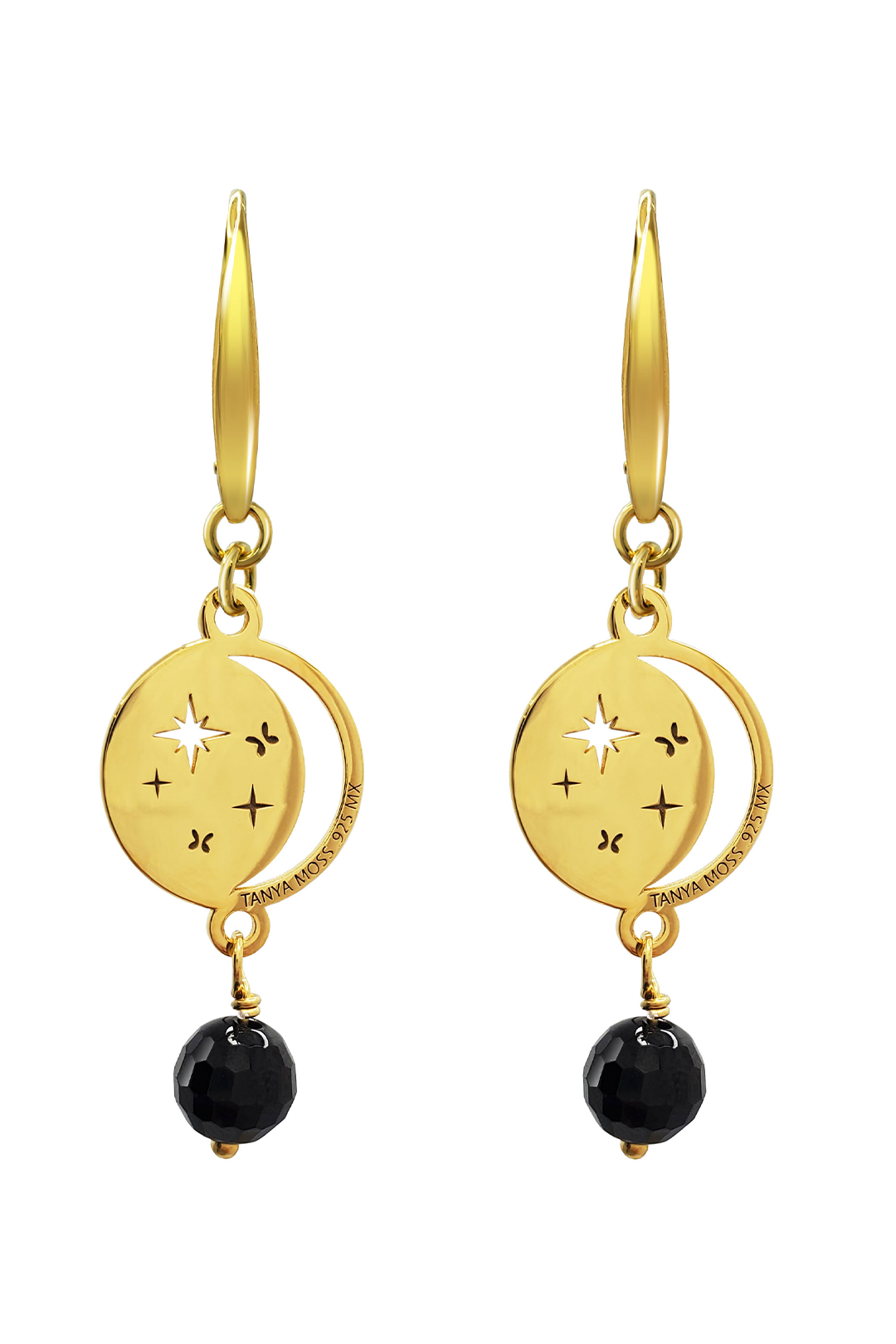 Aretes Plata 925 Magia Luna Cosmos Agata Negra Dorados