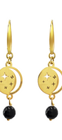Aretes Plata 925 Magia Luna Cosmos Agata Negra Baño de Oro