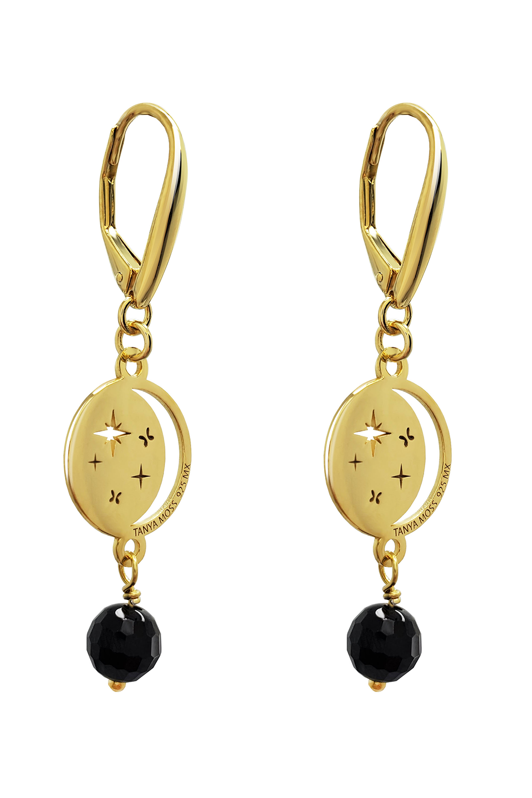 Aretes Plata 925 Magia Luna Cosmos Agata Negra Baño de Oro