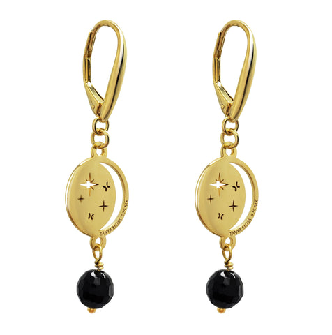 Aretes Mujer Plata 925 Magia Luna Cosmos Agata Negra Dorado