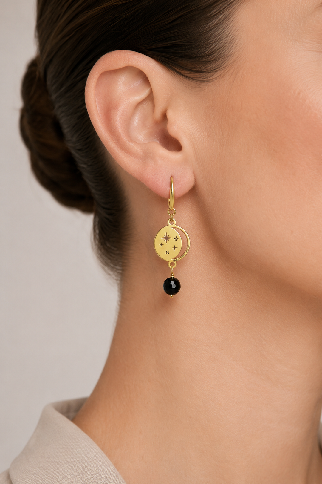 Aretes Plata 925 Magia Luna Cosmos Agata Negra Dorados