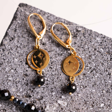 Aretes Mujer Plata 925 Magia Luna Cosmos Agata Negra Dorado