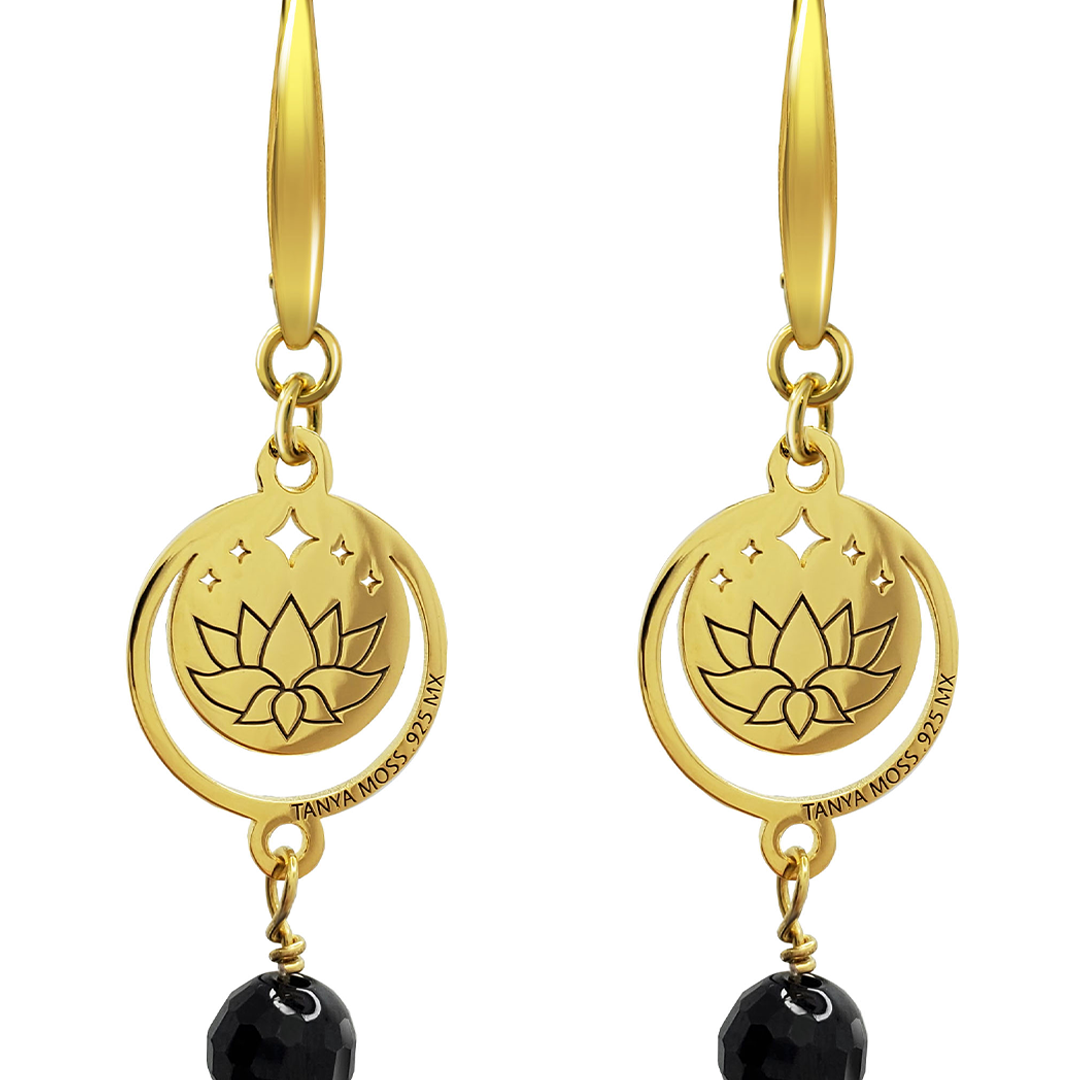 Aretes Plata 925 Magia Luna Loto Agata Negra Dorados - Tanya Moss