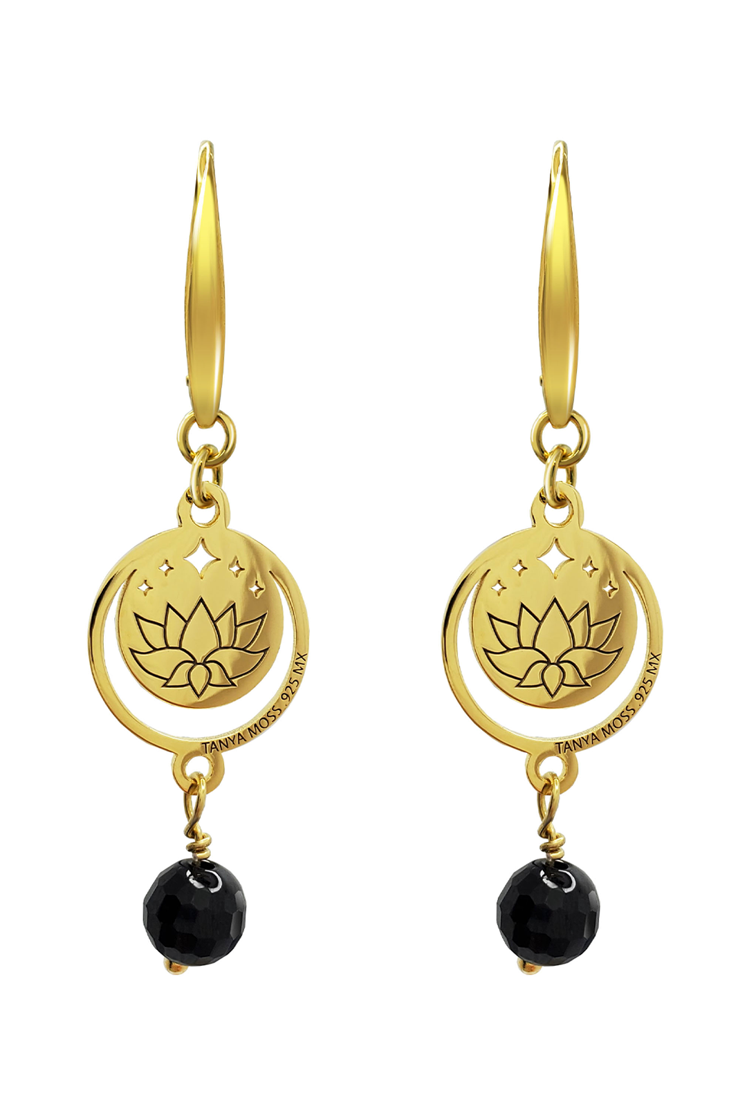 Aretes Plata 925 Magia Luna Loto Agata Negra Dorados - Tanya Moss