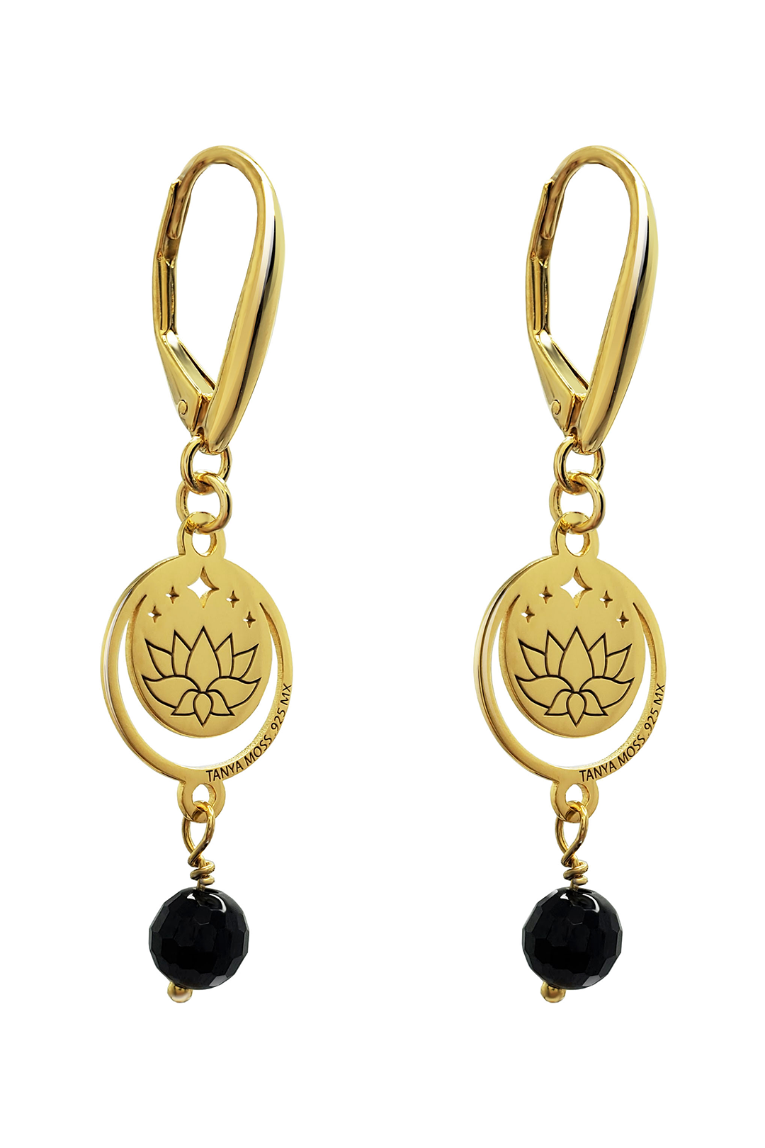 Aretes Plata 925 Magia Luna Loto Agata Negra Dorados - Tanya Moss