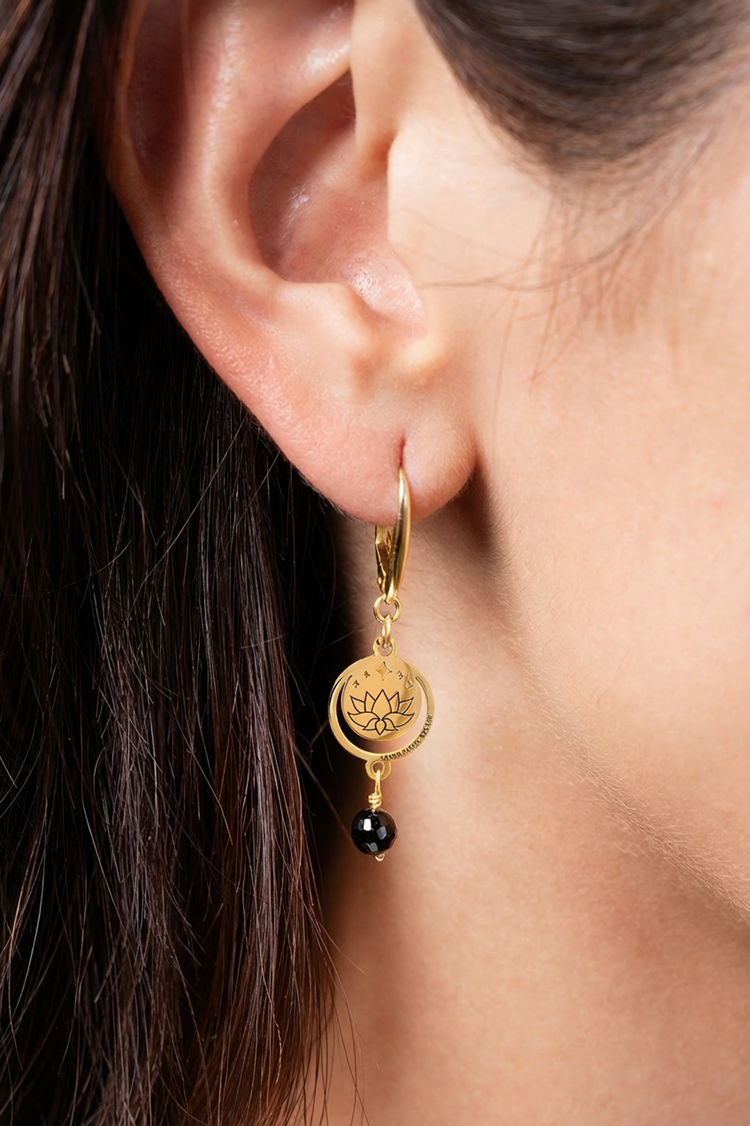 Aretes Plata 925 Magia Luna Loto Agata Negra Dorados - Tanya Moss