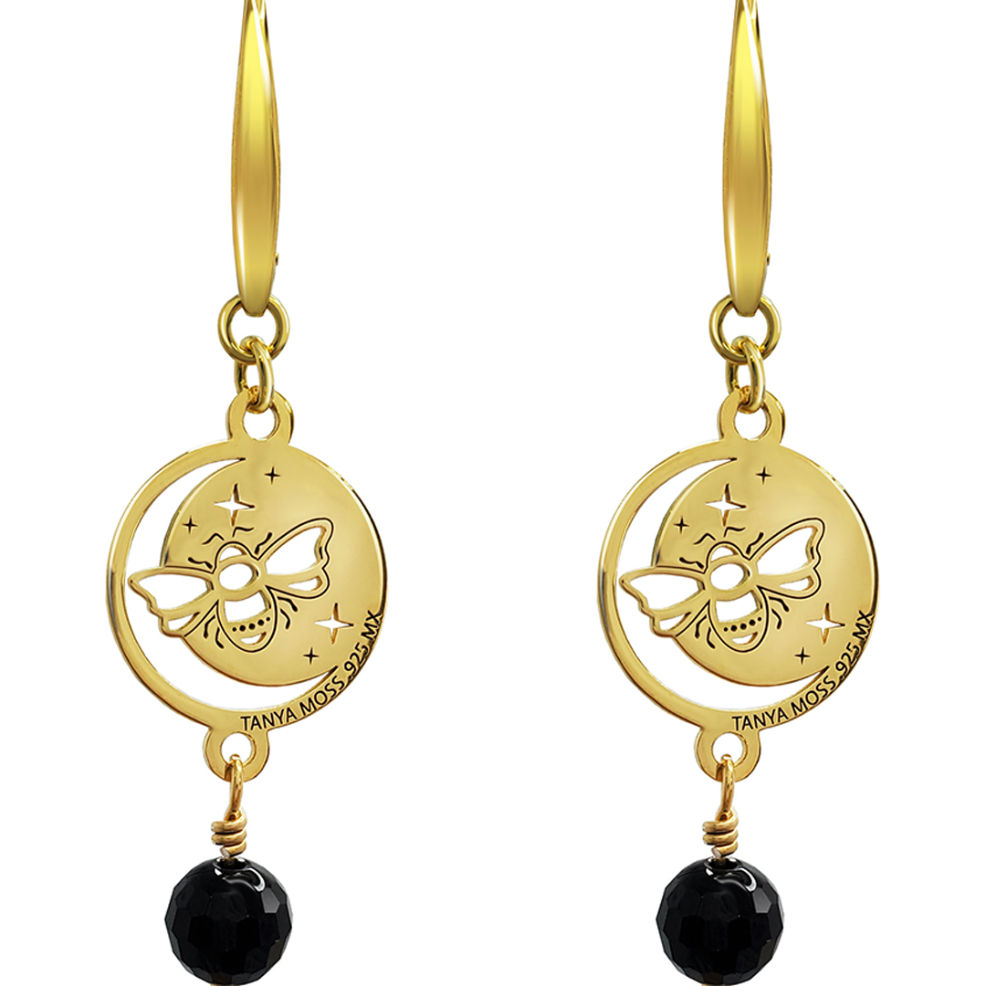 Aretes Plata 925 Magia Luna Prosperidad Agata Negra Dorados