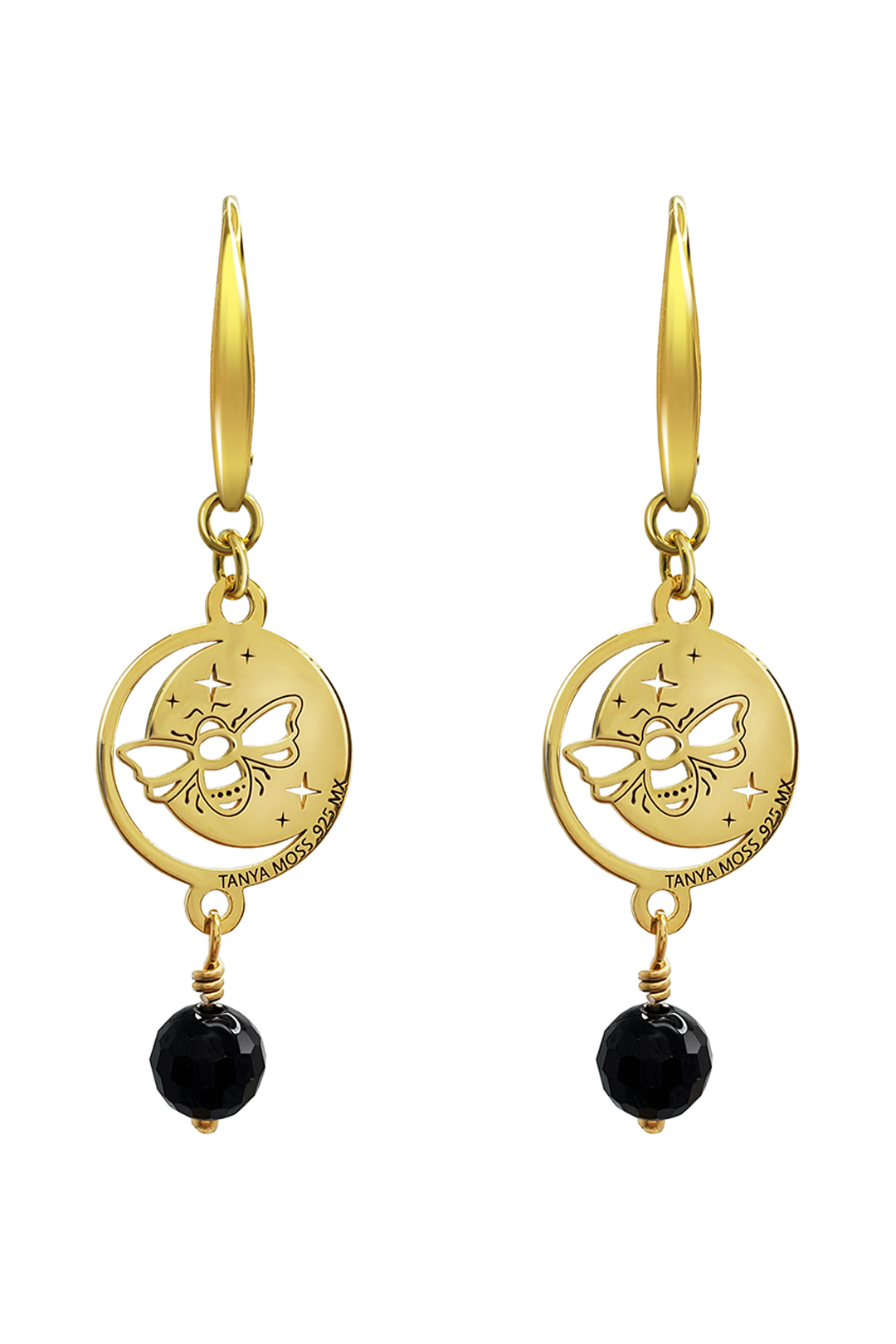 Aretes Plata 925 Magia Luna Prosperidad Agata Negra Dorados
