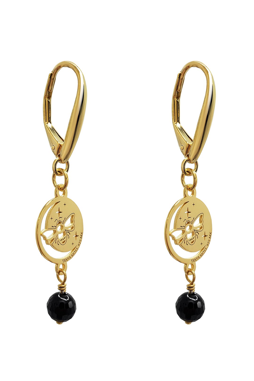 Aretes Plata 925 Magia Luna Prosperidad Agata Negra Dorados