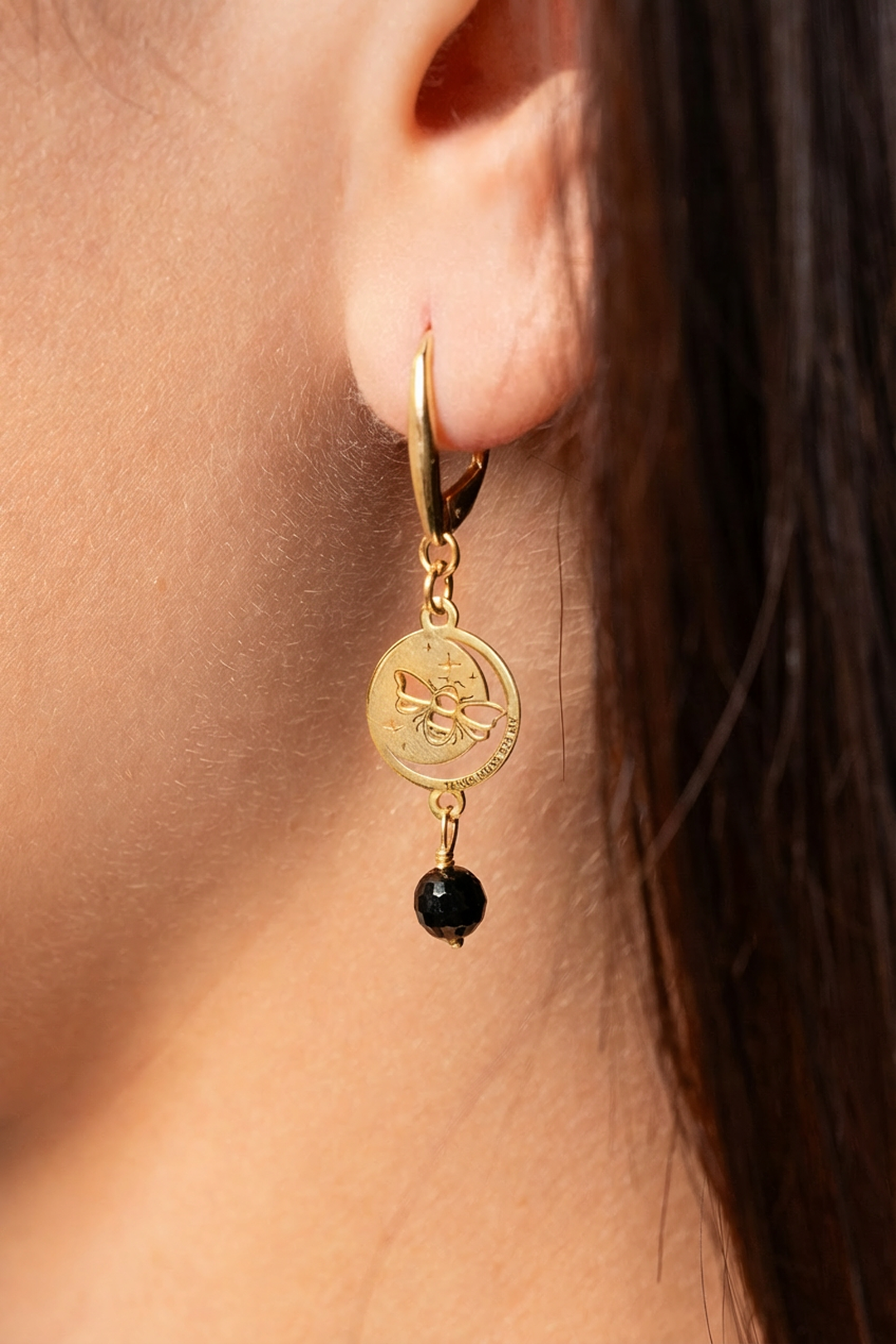 Aretes Plata 925 Magia Luna Prosperidad Agata Negra Dorados