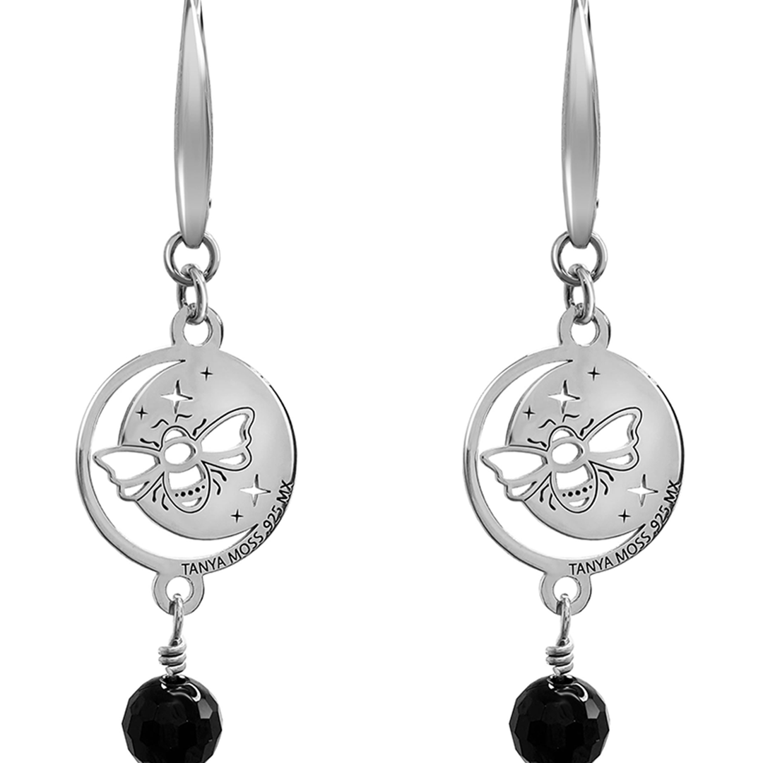 Aretes Plata 925 Magia Luna Prosperidad Agata Negra