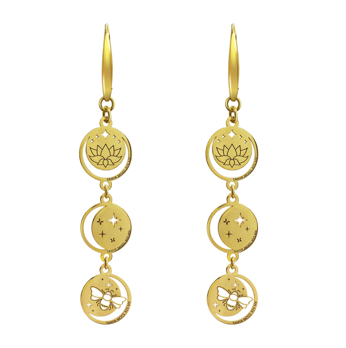 Aretes Mujer Plata 925 Magia 3 Niveles Lunas Cosmos Loto Prosperidad Dorado
