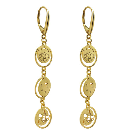 Aretes Mujer Plata 925 Magia 3 Niveles Lunas Cosmos Loto Prosperidad Dorado
