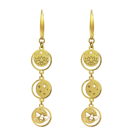 Aretes Mujer Plata 925 Magia 3 Niveles Lunas Cosmos Loto Prosperidad Dorado
