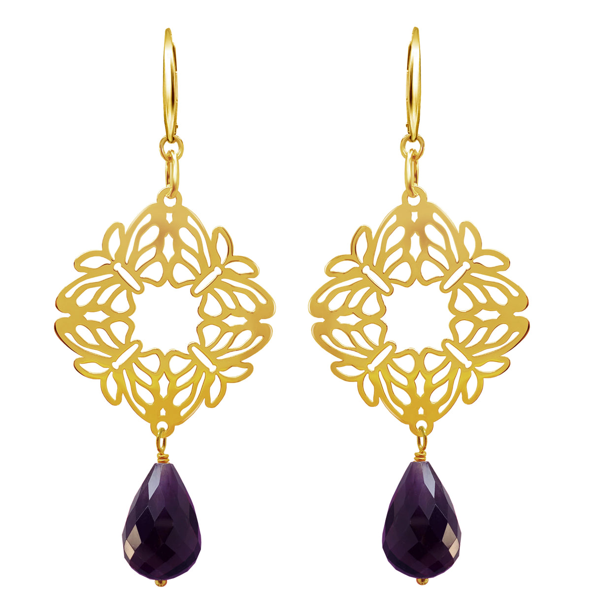 Aretes Mujer Plata 925 Encanto 4 Mariposas Amatista Dorados