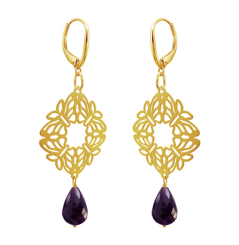 Aretes Mujer Plata 925 Encanto 4 Mariposas Amatista Dorados