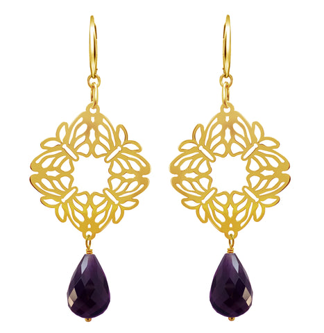 Aretes Mujer Plata 925 Encanto 4 Mariposas Amatista Dorados