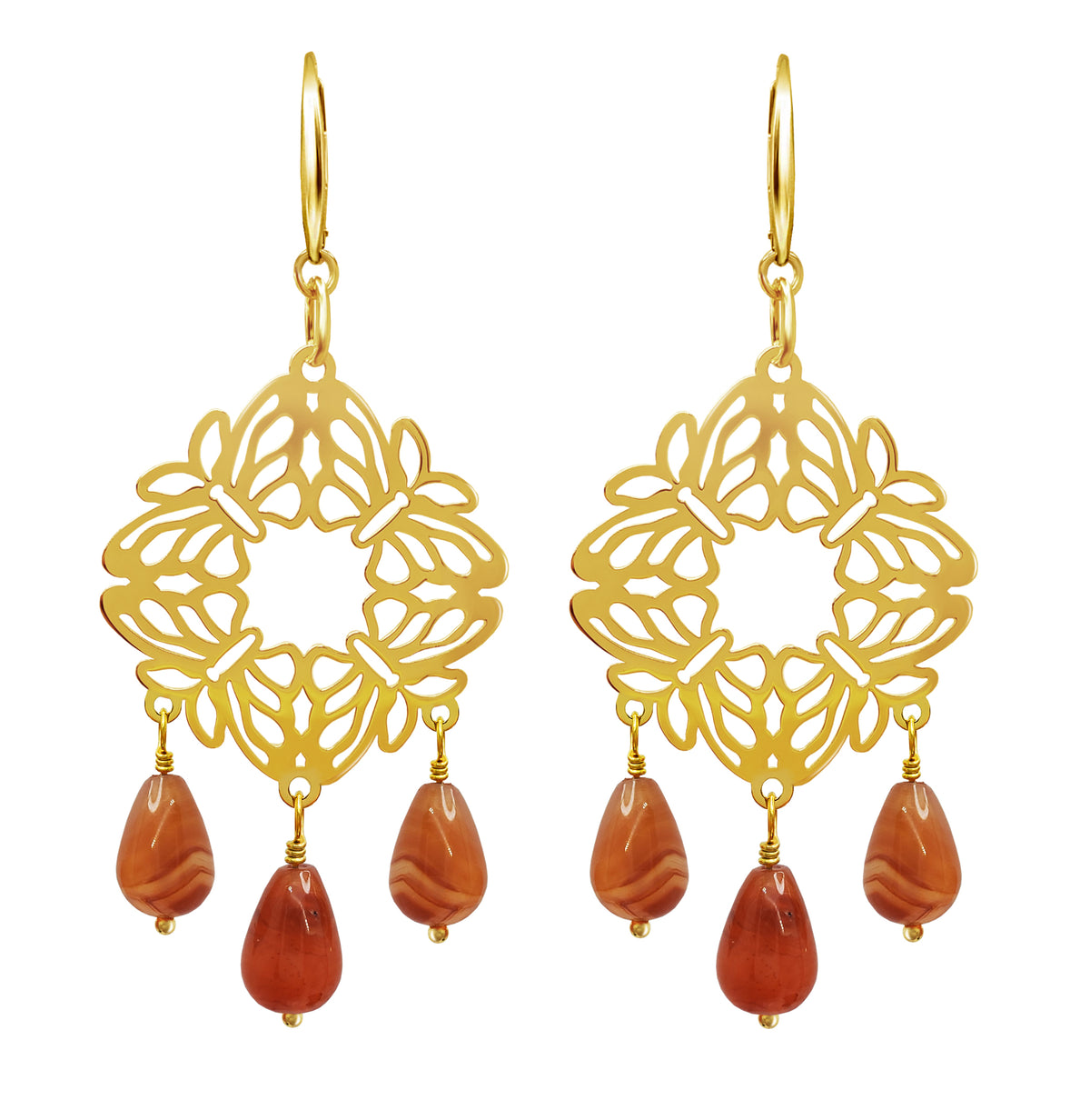 Aretes Mujer Plata 925 Encanto 4 Mariposas 3 Cornalina Dorados