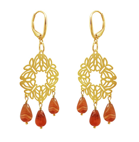 Aretes Mujer Plata 925 Encanto 4 Mariposas 3 Cornalina Dorados