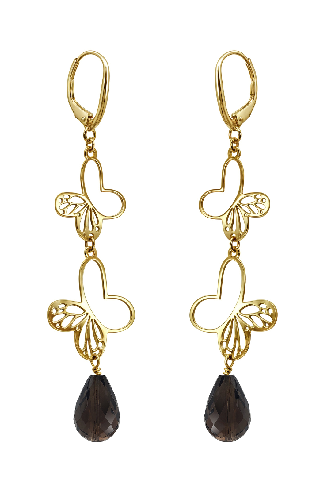 Aretes Plata 925 Monarca Mariposa Cuarzo Ahumado Dorados