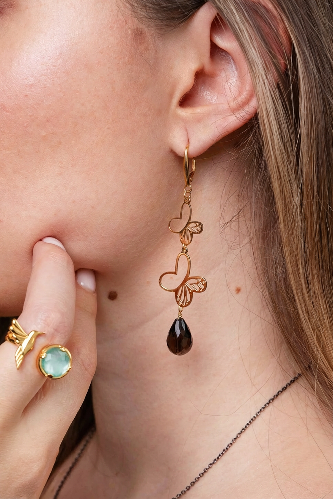 Aretes Plata 925 Monarca Mariposa Cuarzo Ahumado Dorados
