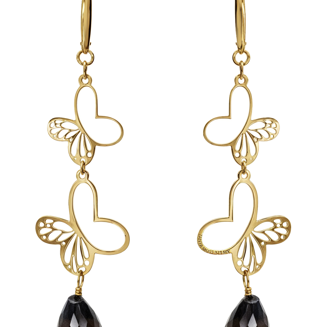 Aretes Plata 925 Monarca Mariposa Cuarzo Ahumado Dorados