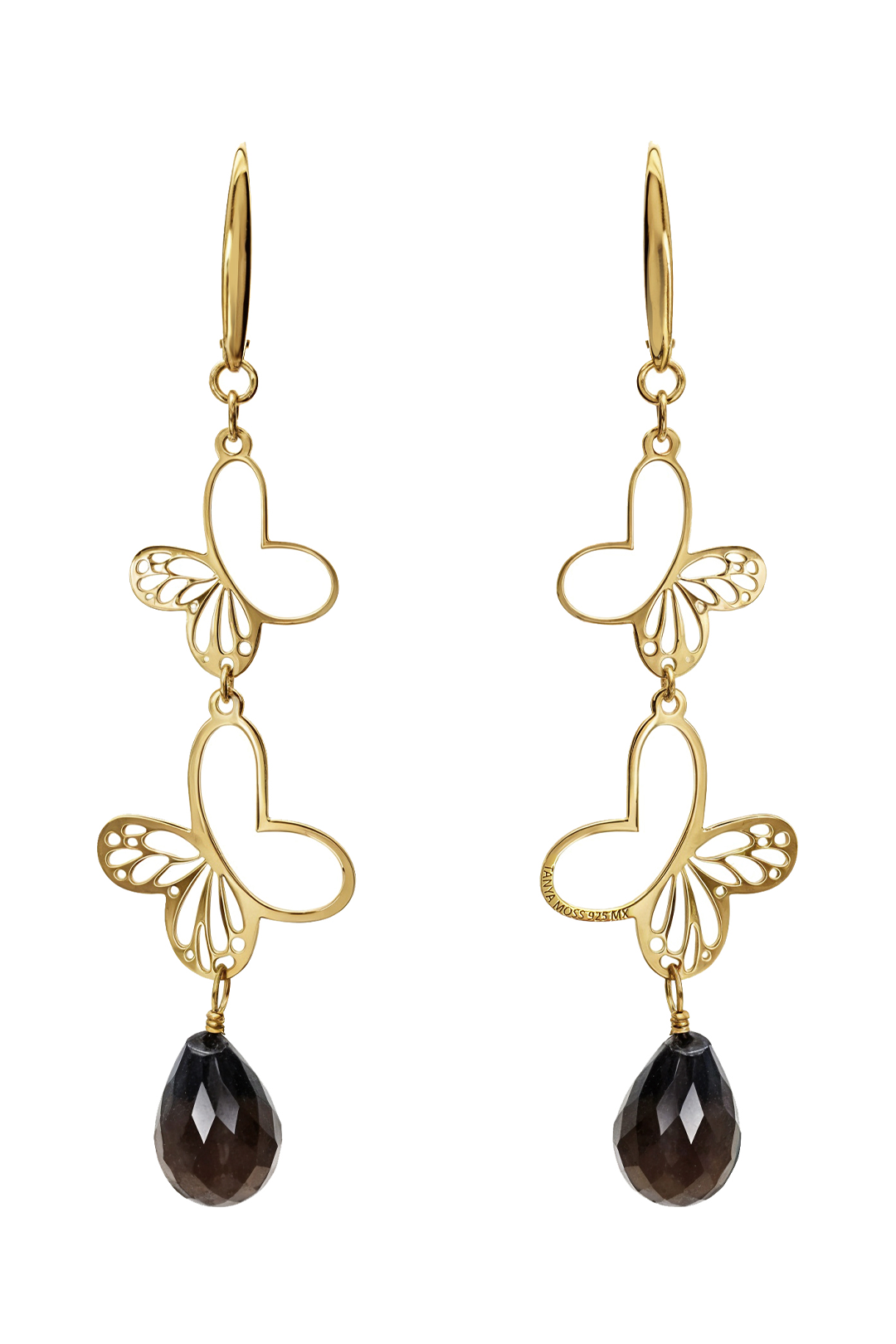 Aretes Plata 925 Monarca Mariposa Cuarzo Ahumado Dorados