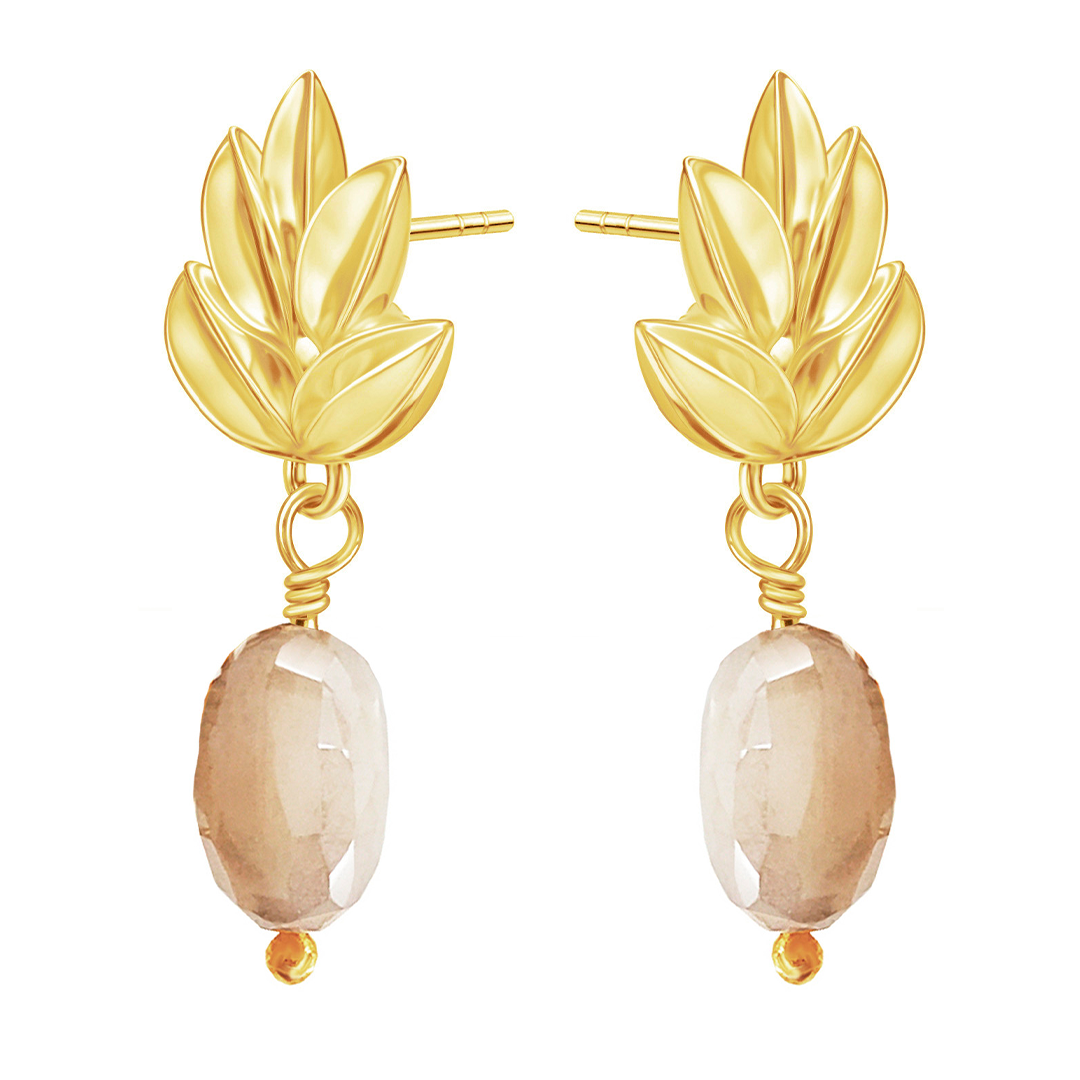 Broqueles Hojita Con Moonstone Blanca Dorado