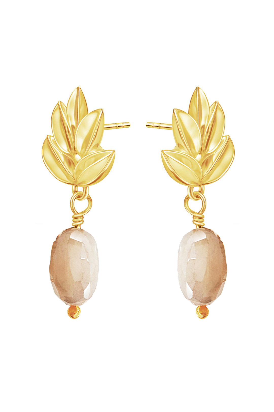 Broqueles Hojita Con Moonstone Blanca Dorado