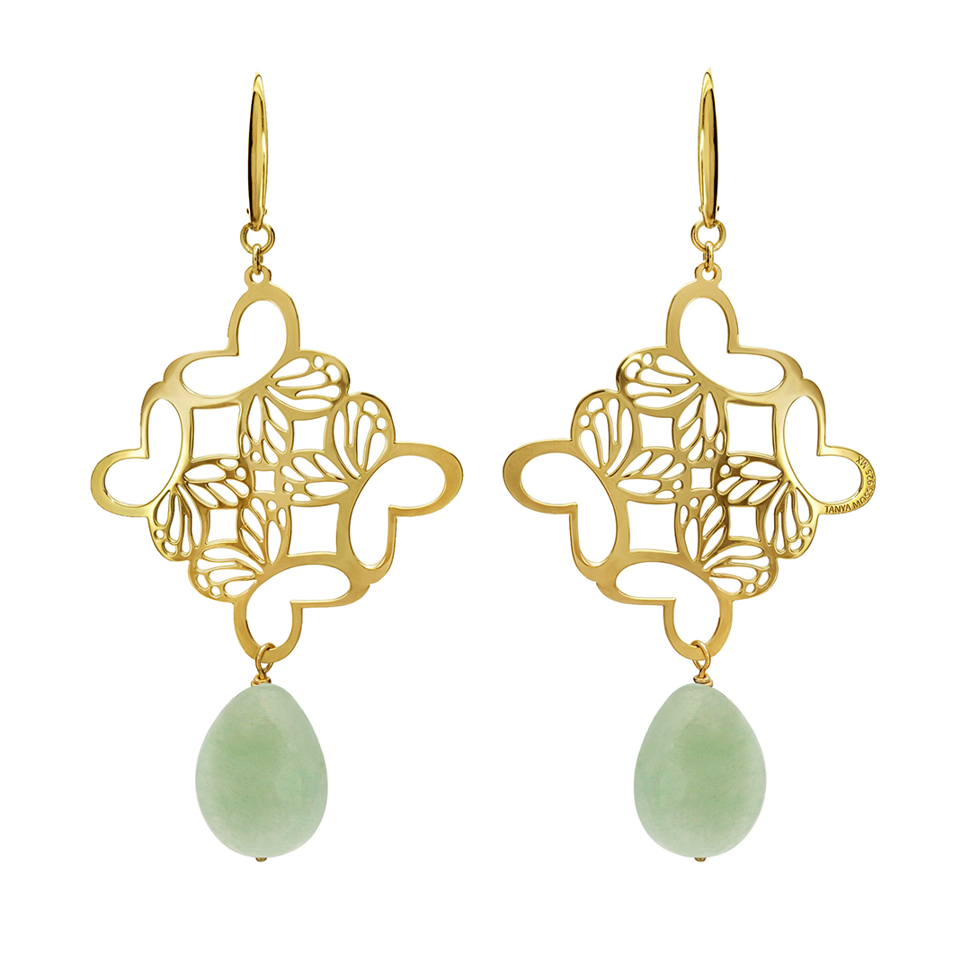 Aretes Plata 925 Rombo Monarca Con Aventurina Dorados
