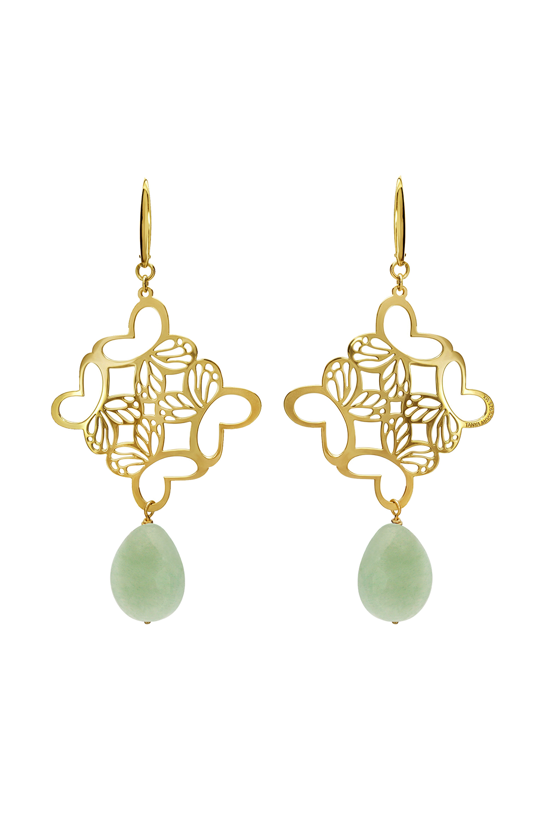 Aretes Plata 925 Rombo Monarca Con Aventurina Dorados