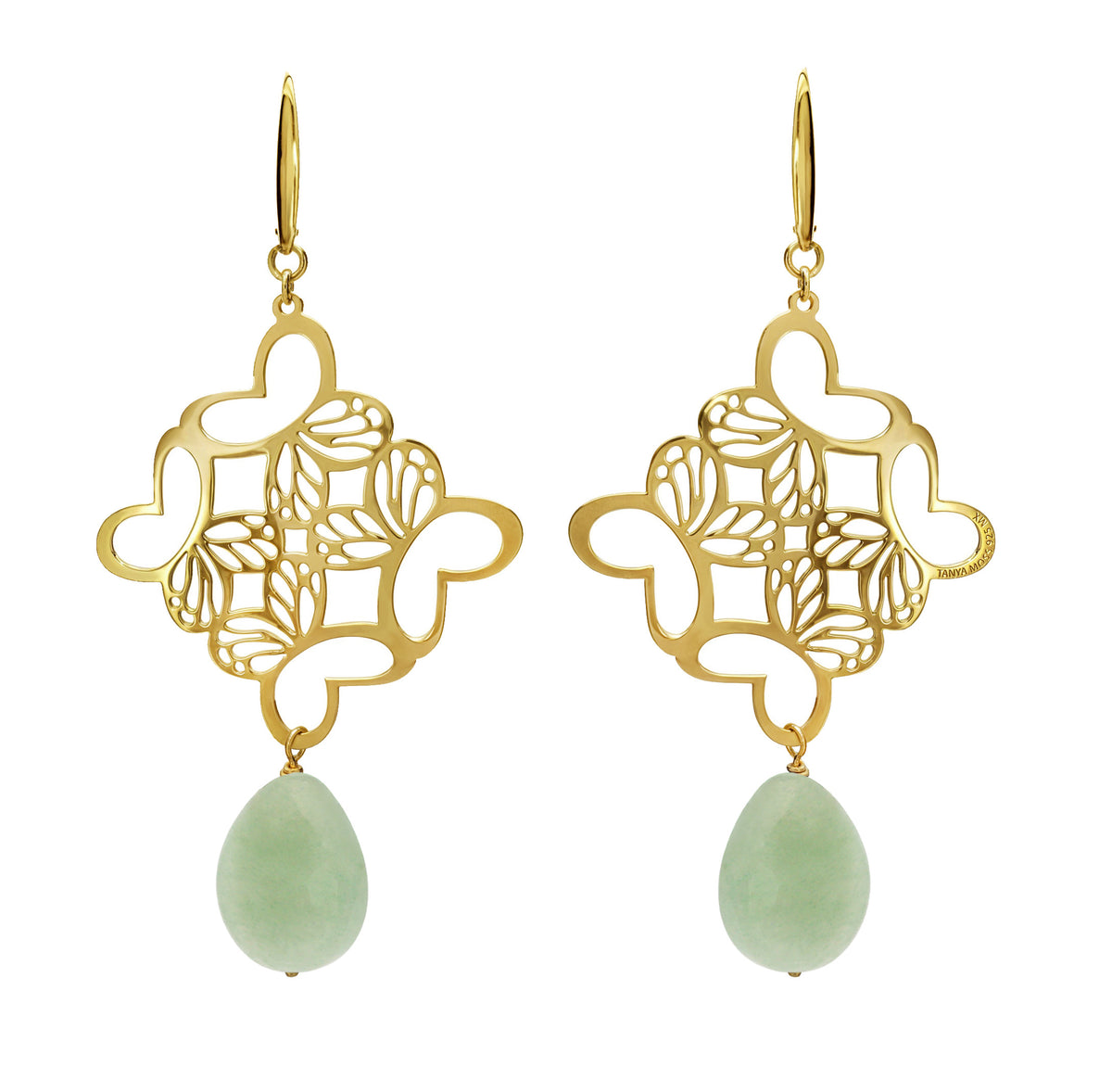 Aretes Rombo Monarca Con Baño De Oro 14K Con Aventurina