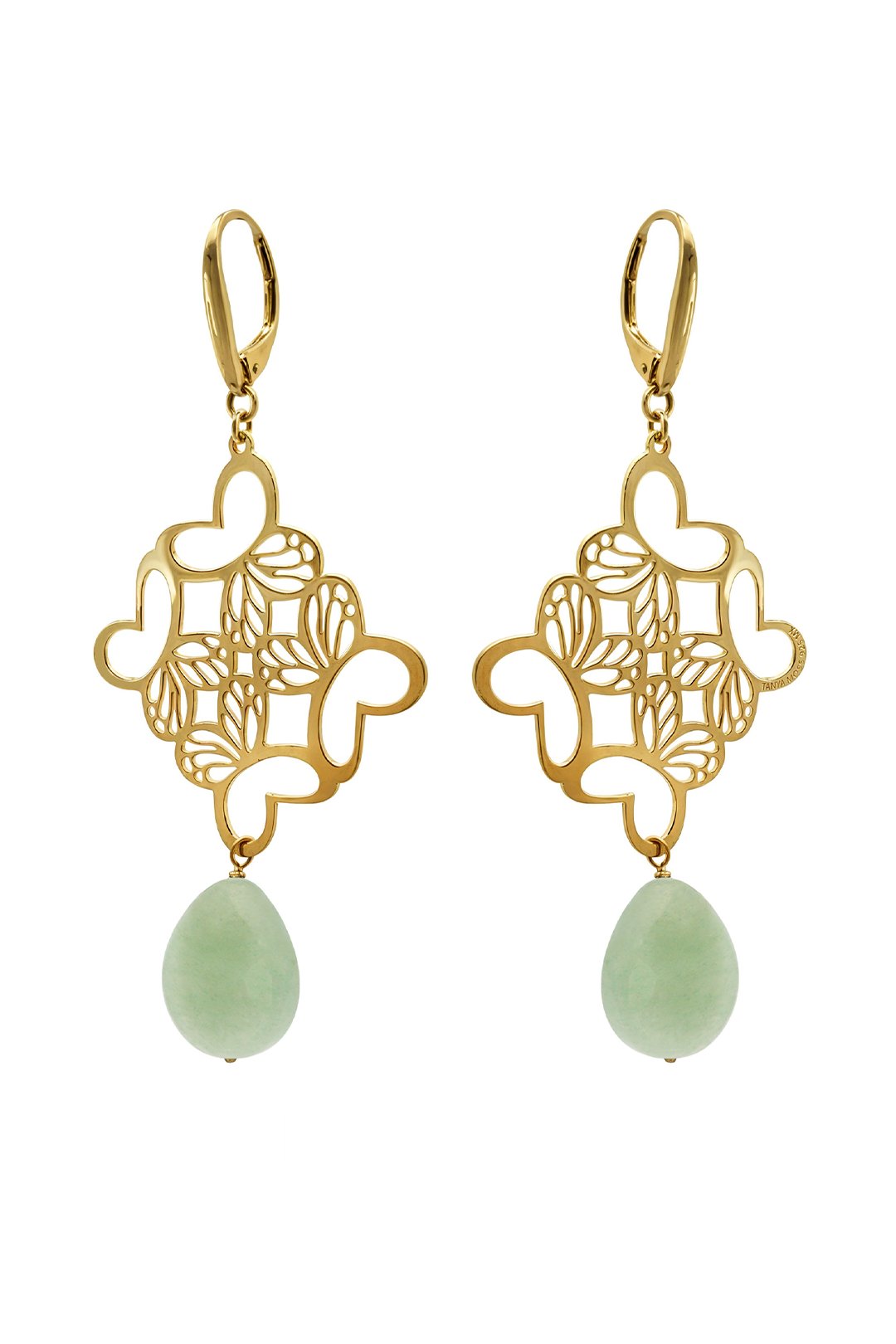 Aretes Plata 925 Rombo Monarca Con Aventurina Dorados