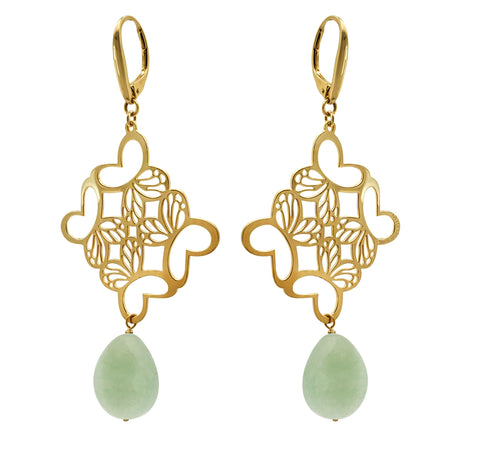 Aretes Rombo Monarca Con Baño De Oro 14K Con Aventurina