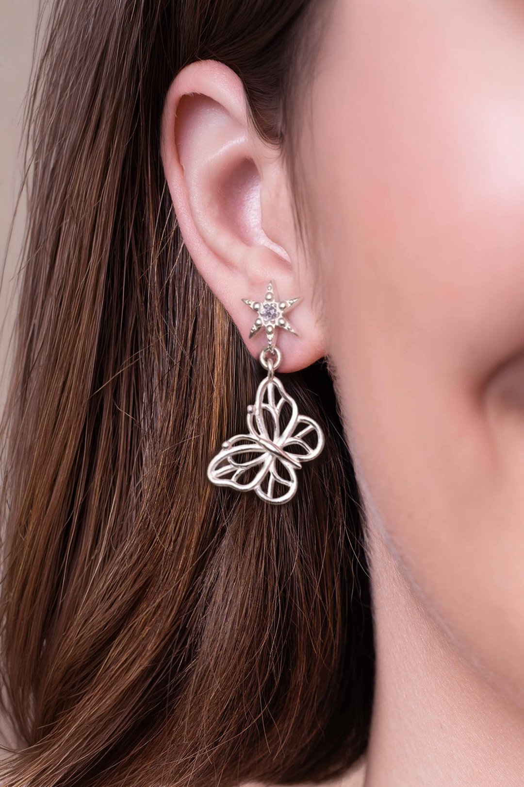 Aretes Plata 925 MIA Mariposa Y Estrella con Circonias