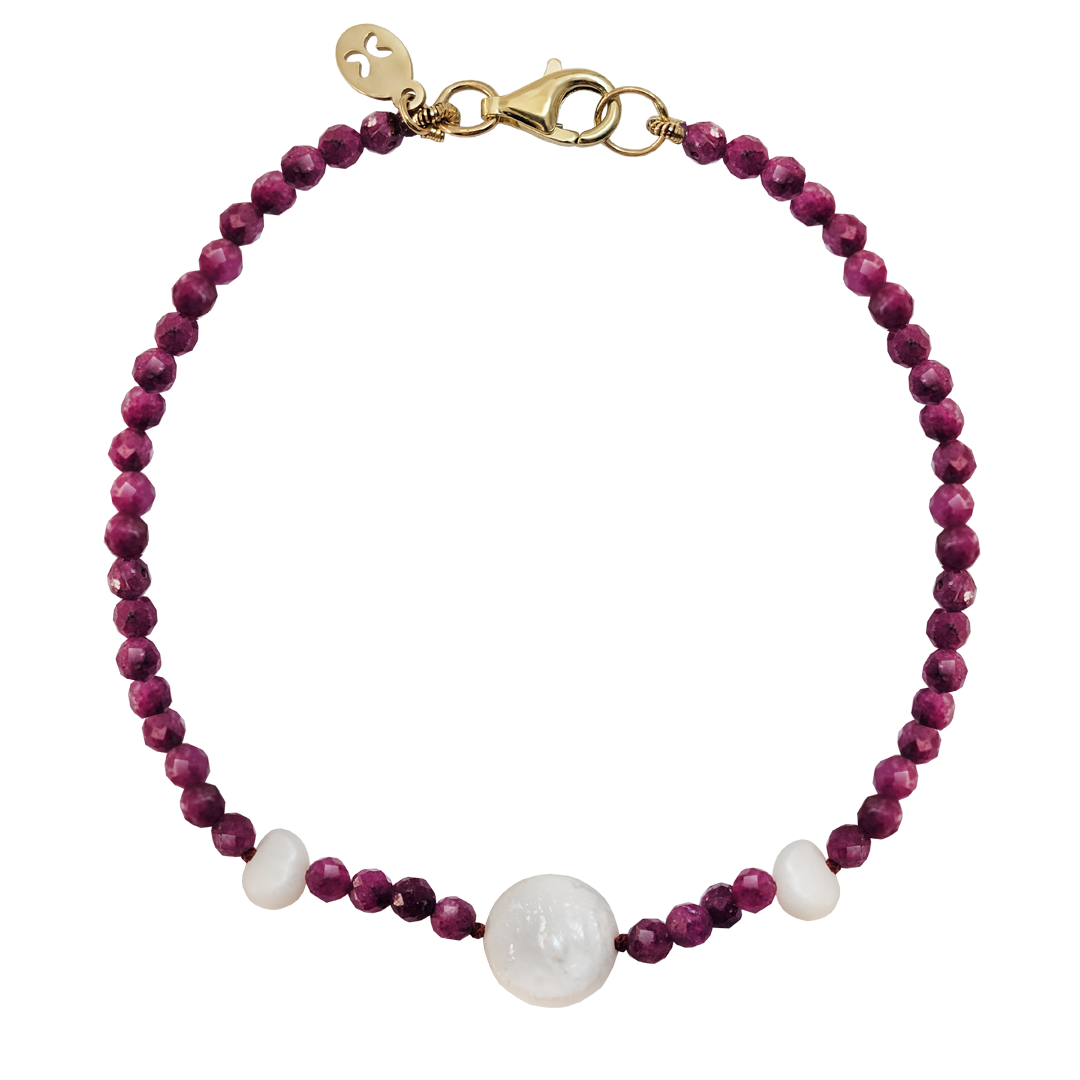 Pulsera Ruby 3mm Con Perlas Oro 14k - Tanya Moss