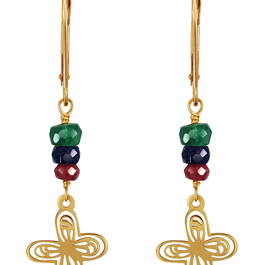 Aretes Mujer Oro 14K Oro Aurora Mariposa Piedras Esmeralda / Zafiro / Rubi