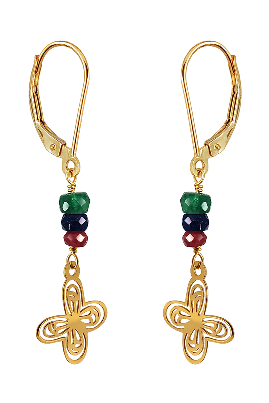 Aretes Mujer Oro 14K Oro Aurora Mariposa Piedras Esmeralda / Zafiro / Rubi