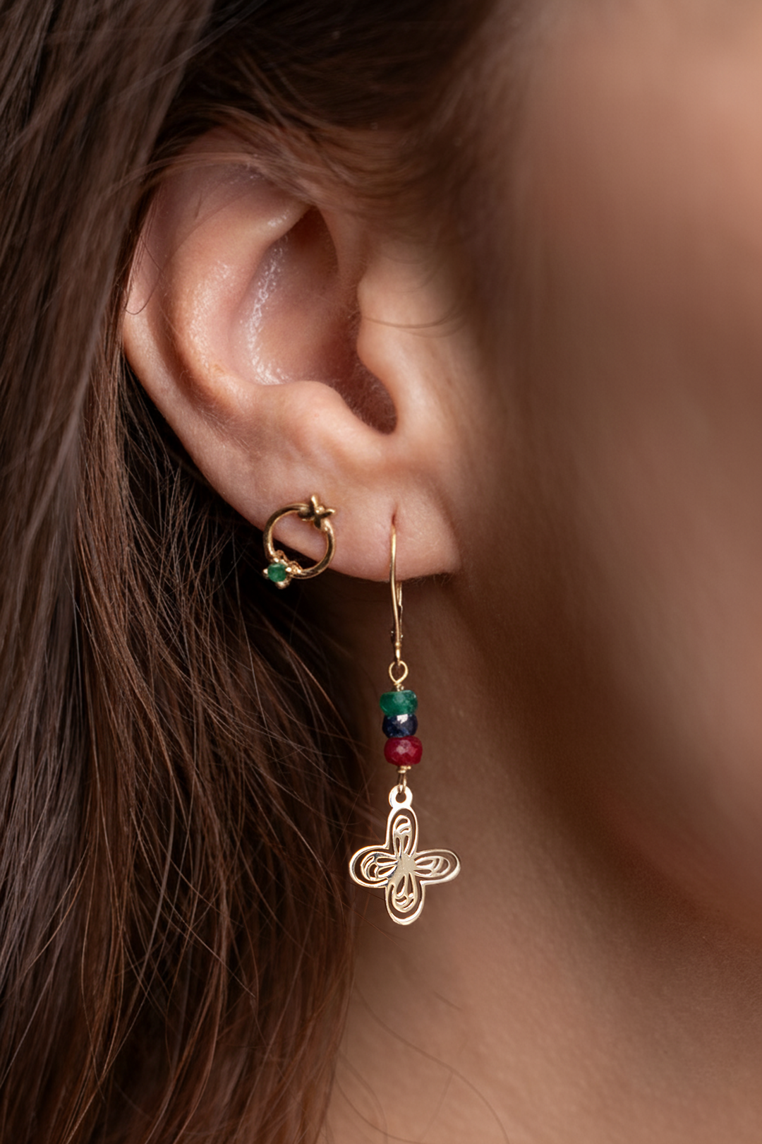 Aretes Mujer Oro 14K Oro Aurora Mariposa Piedras Esmeralda / Zafiro / Rubi