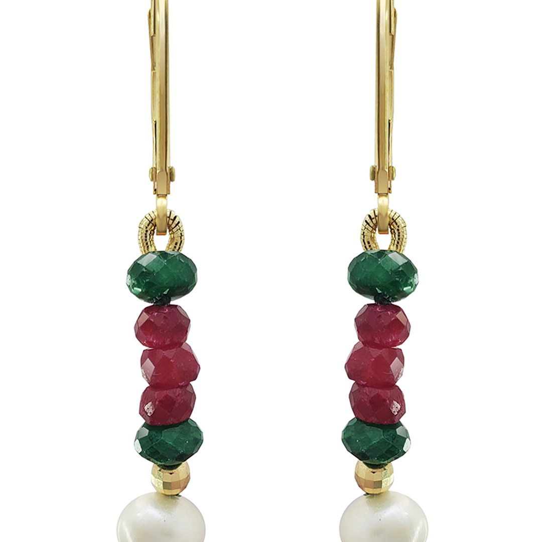 Aretes Mujer Oro 14K Oro Esmeralda Rubi Perla