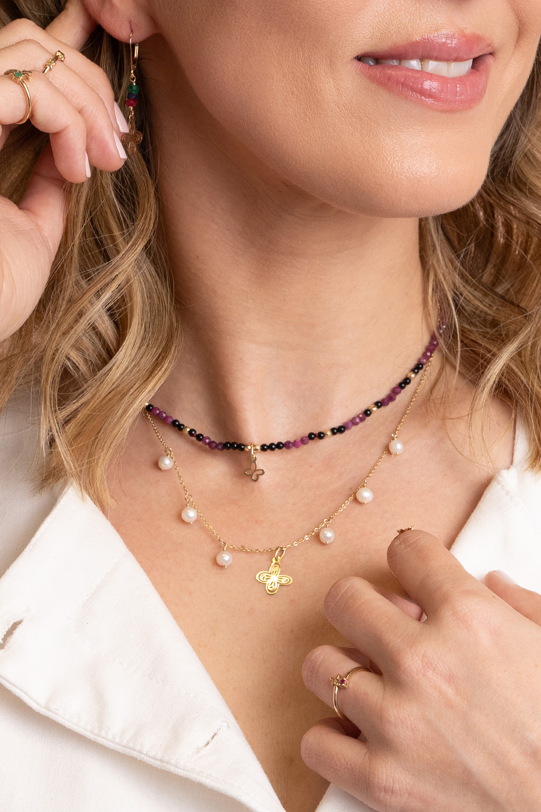 Collar Mujer Oro 14K Oro Aurora Mariposa Perla