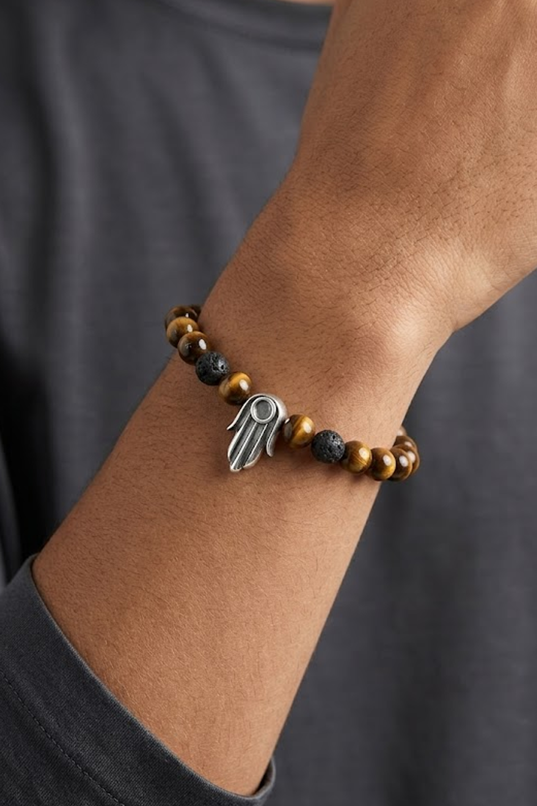 Pulsera Moss Mano de Fátima Con Ojo de Tigre