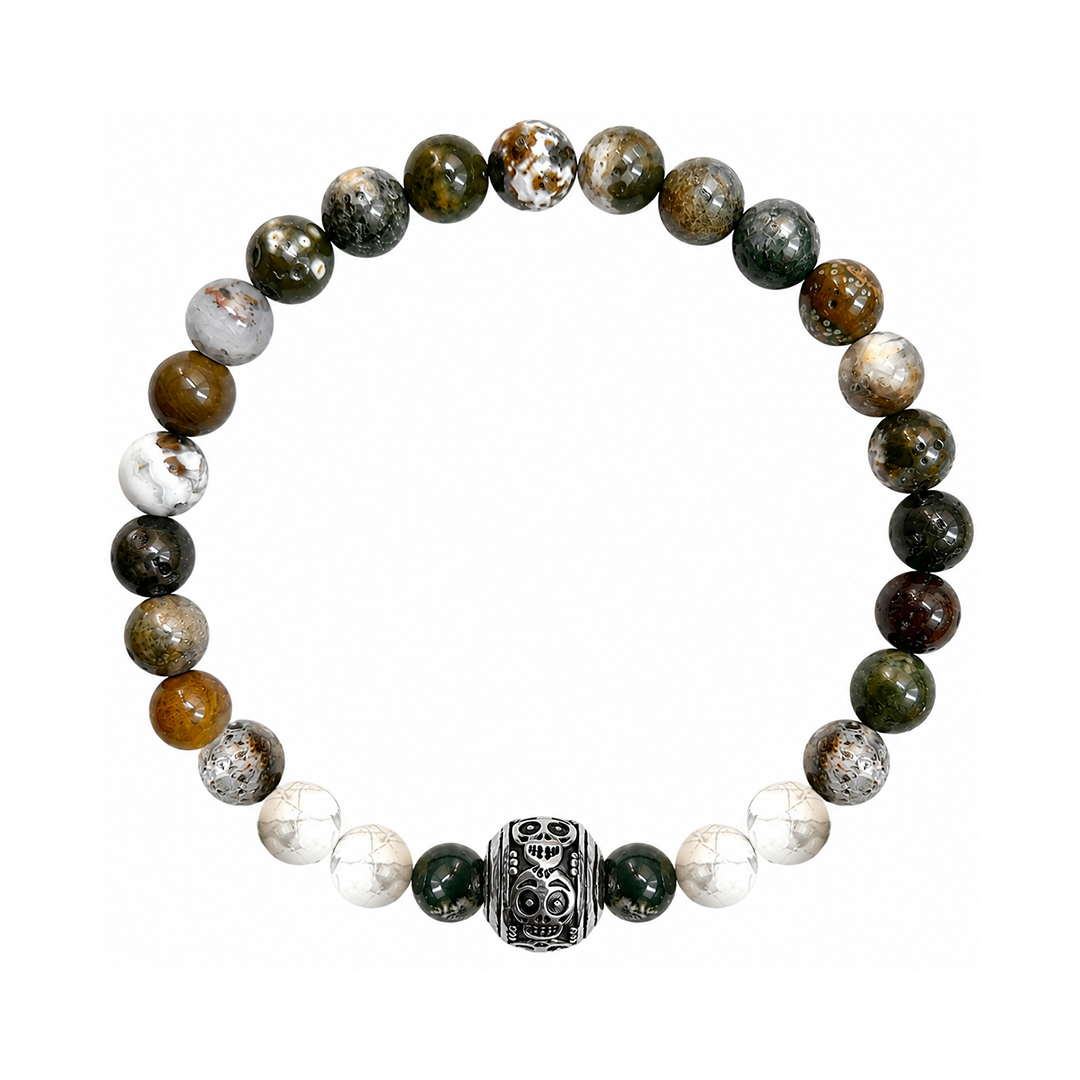 Pulsera Moss Bolita Calavera Ocean Jasper