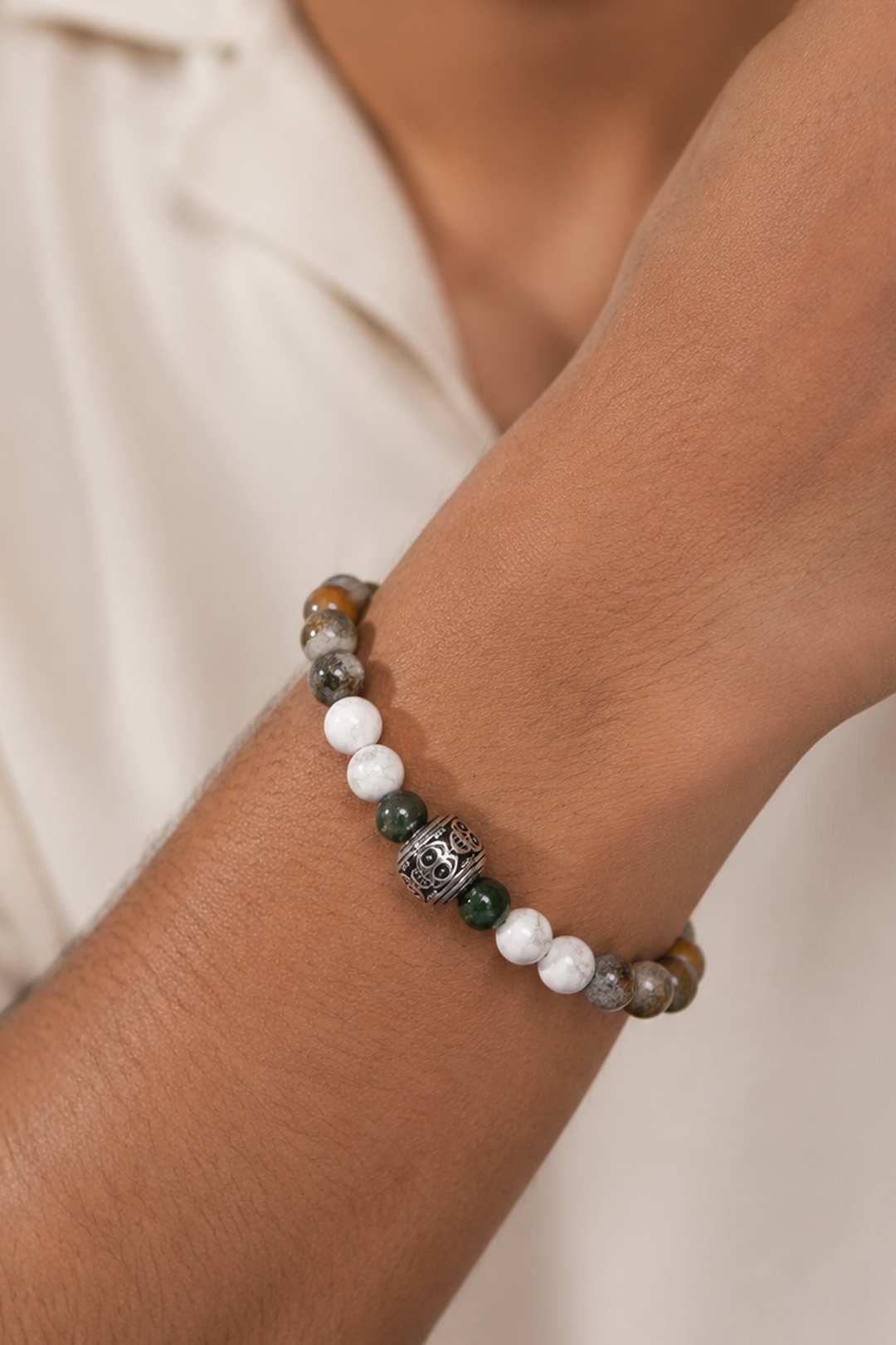 Pulsera Moss Bolita Calavera Ocean Jasper