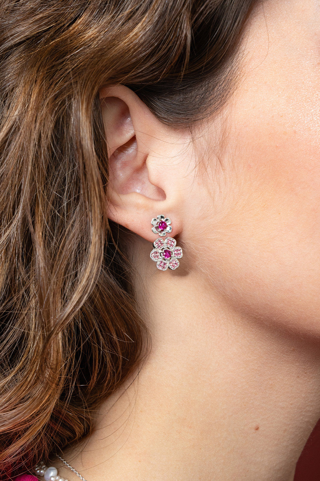 Aretes Mujer Plata 925  Flor Rosa Cristales Anamora por Tanya Moss