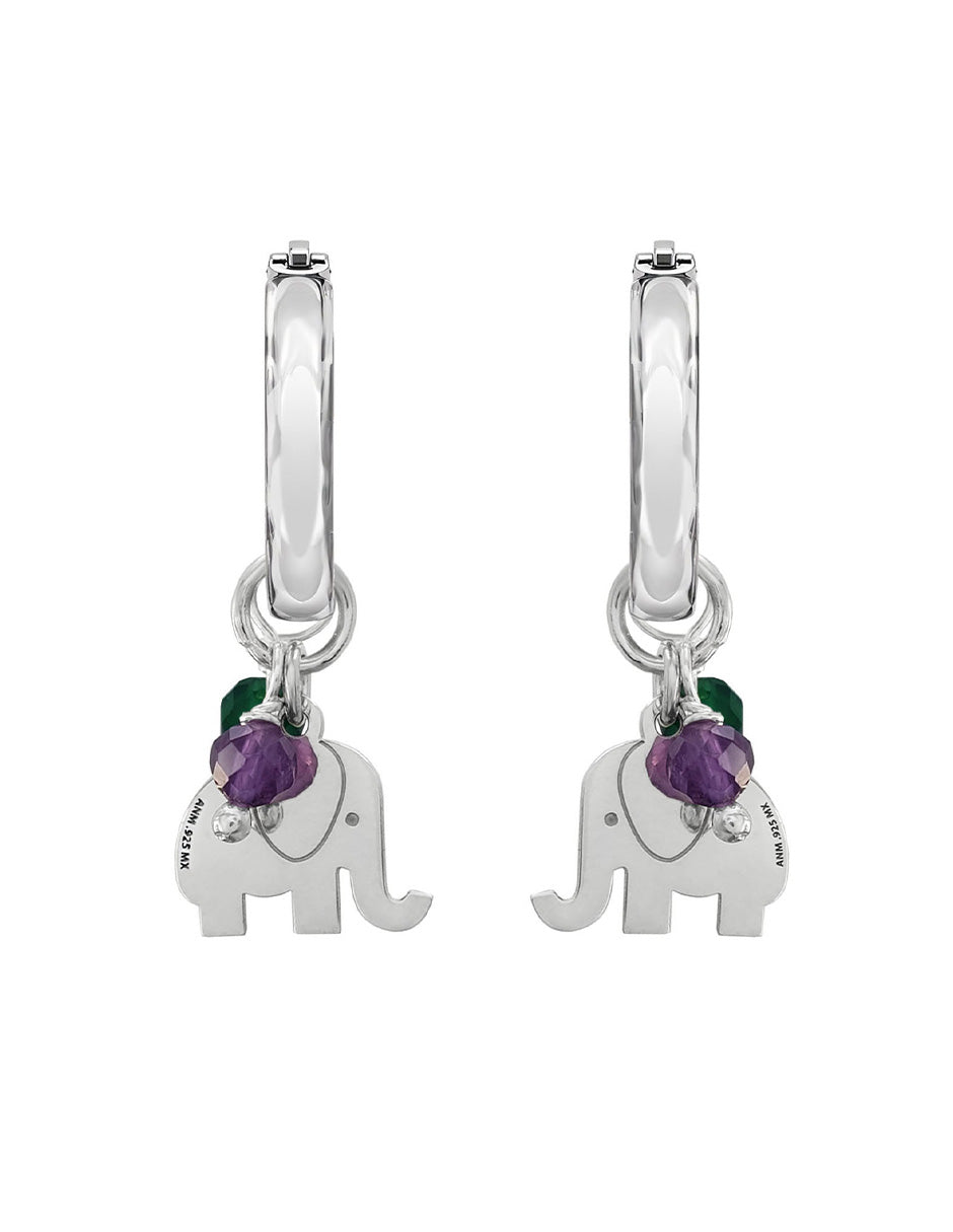 Arracadas Charm Elefante Con Agata Verde Y Amatista